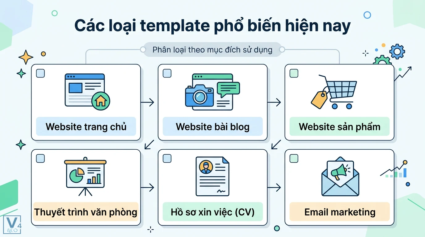 Bài template là gì? Phân biệt Layout, Theme và cách dùng chuẩn 2 Các loại template phổ biến gồm website trang chủ, bài blog, trang sản phẩm, thuyết trình văn phòng, hồ sơ xin việc (CV) và email marketing