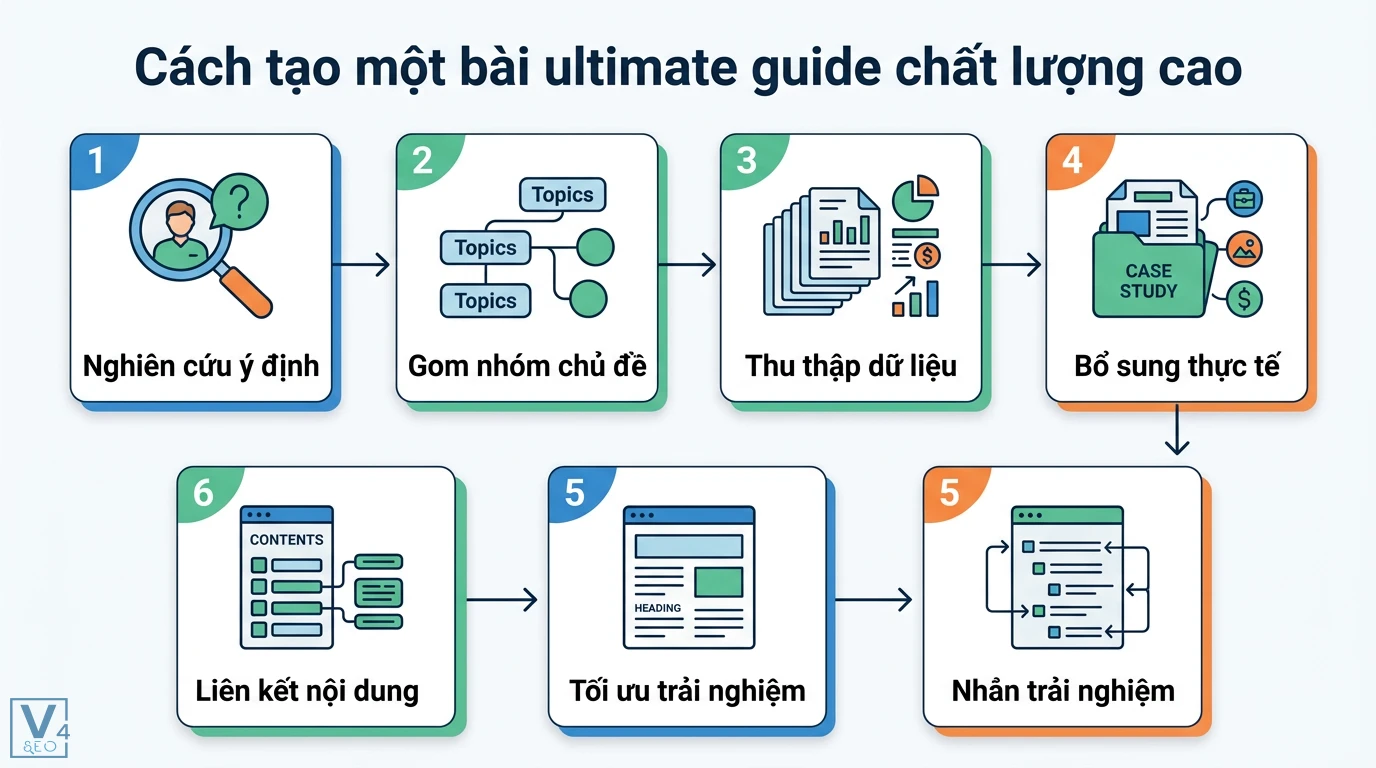 Bài tổng quan (ultimate guide) là gì? Cách tạo content chuyên sâu 2 Cách tạo bài ultimate guide chất lượng cao qua nghiên cứu ý định, gom nhóm chủ đề, thu thập dữ liệu, bổ sung thực tế và liên kết nội dung