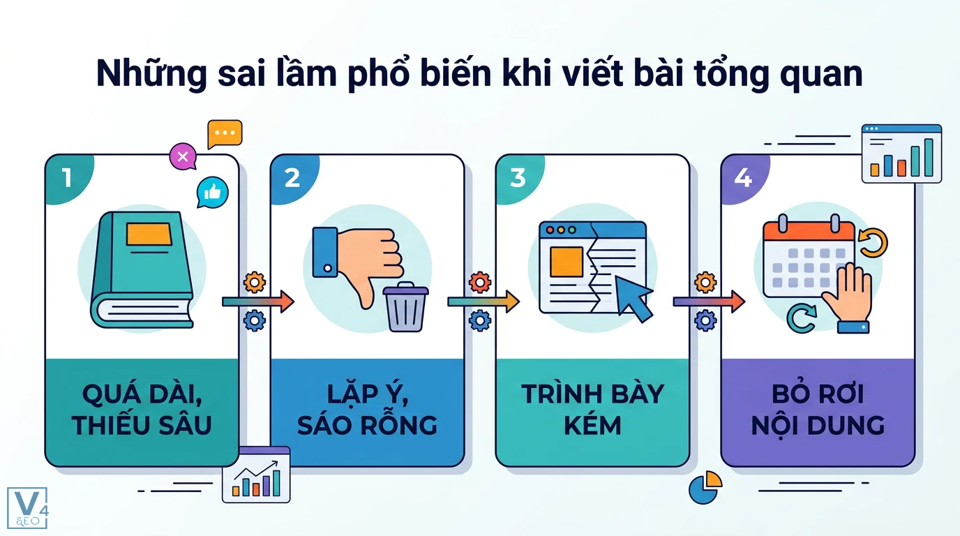 Bài tổng quan (ultimate guide) là gì? Cách tạo content chuyên sâu 3 Những sai lầm phổ biến khi viết bài tổng quan gồm nội dung quá dài thiếu sâu lặp ý sáo rỗng trình bày kém và không cập nhật nội dung định kỳ