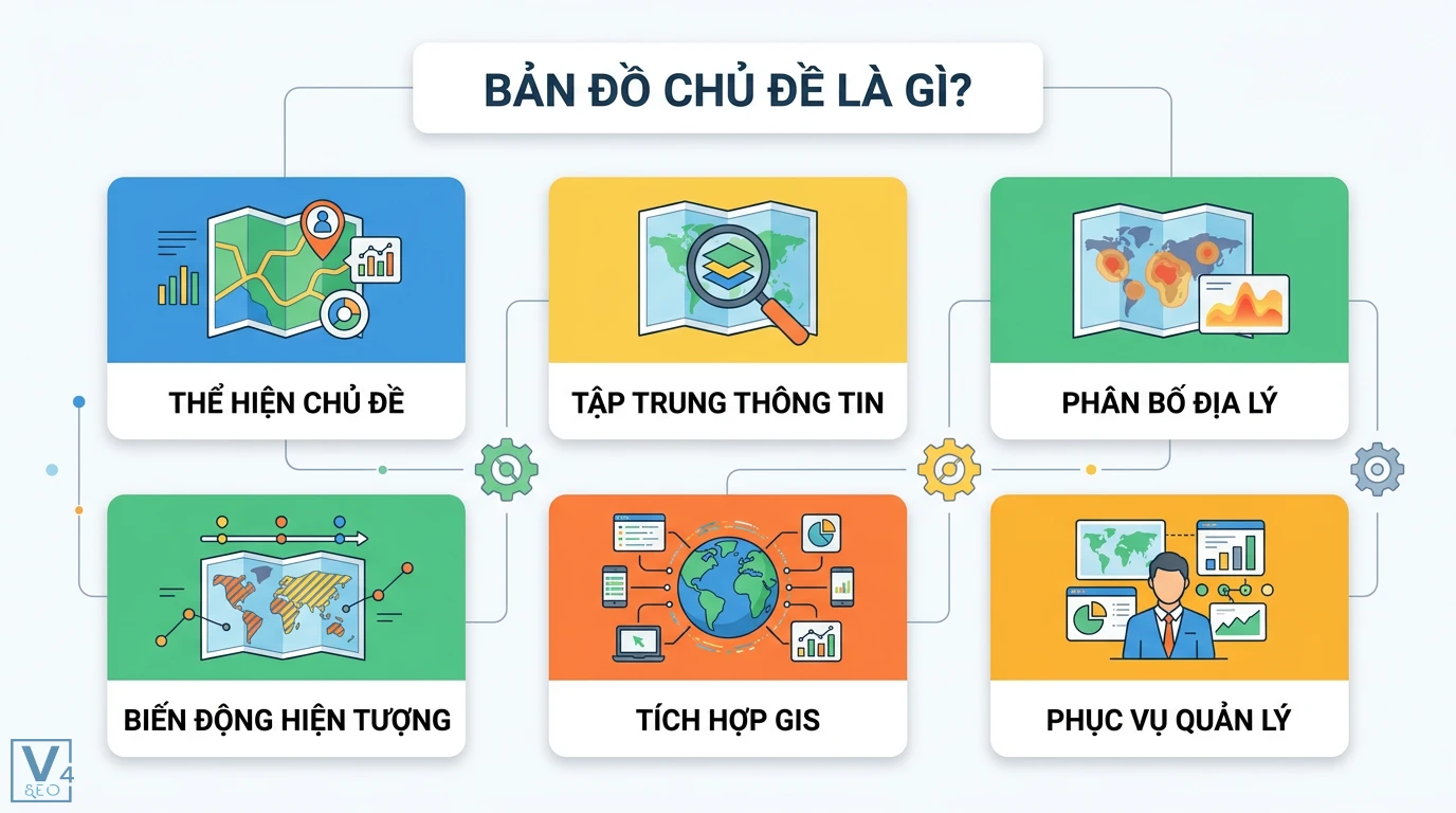 Bản đồ chủ đề là gì? Định nghĩa, phân loại và ứng dụng GIS 1 Bản đồ chủ đề tập trung thể hiện phân bố địa lý, biến động hiện tượng và tích hợp GIS phục vụ nghiên cứu, quản lý dữ liệu vĩ mô