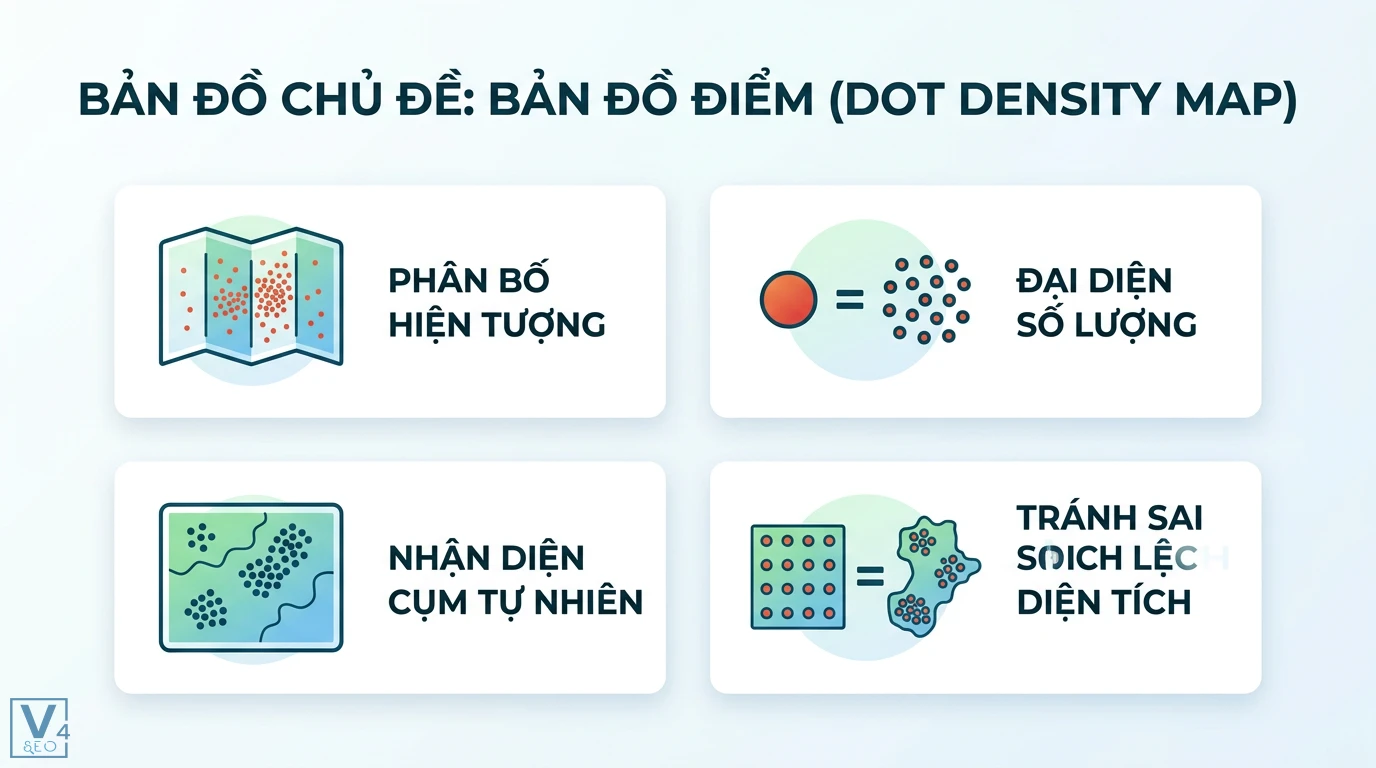 Bản đồ chủ đề là gì? Định nghĩa, phân loại và ứng dụng GIS 2 Bản đồ điểm Dot density map thể hiện phân bố hiện tượng, đại diện số lượng, nhận diện cụm tự nhiên và tránh sai lệch diện tích