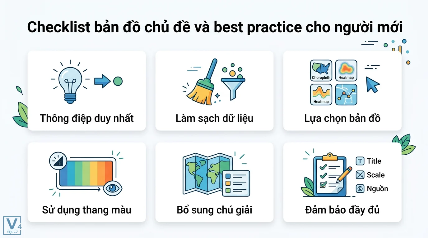 Bản đồ chủ đề là gì? Định nghĩa, phân loại và ứng dụng GIS 3 Checklist bản đồ chủ đề gồm làm sạch dữ liệu, lựa chọn loại bản đồ, sử dụng thang màu chuẩn, bổ sung chú giải và đầy đủ các yếu tố phụ trợ
