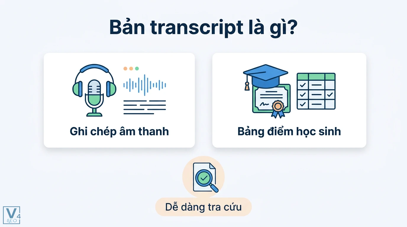 Bản transcript là gì? Phân biệt bảng điểm và bản chép lại audio 1 Bản transcript gồm văn bản ghi chép âm thanh và bảng điểm học sinh hỗ trợ lưu trữ thông tin chính xác minh bạch và tra cứu dữ liệu dễ dàng
