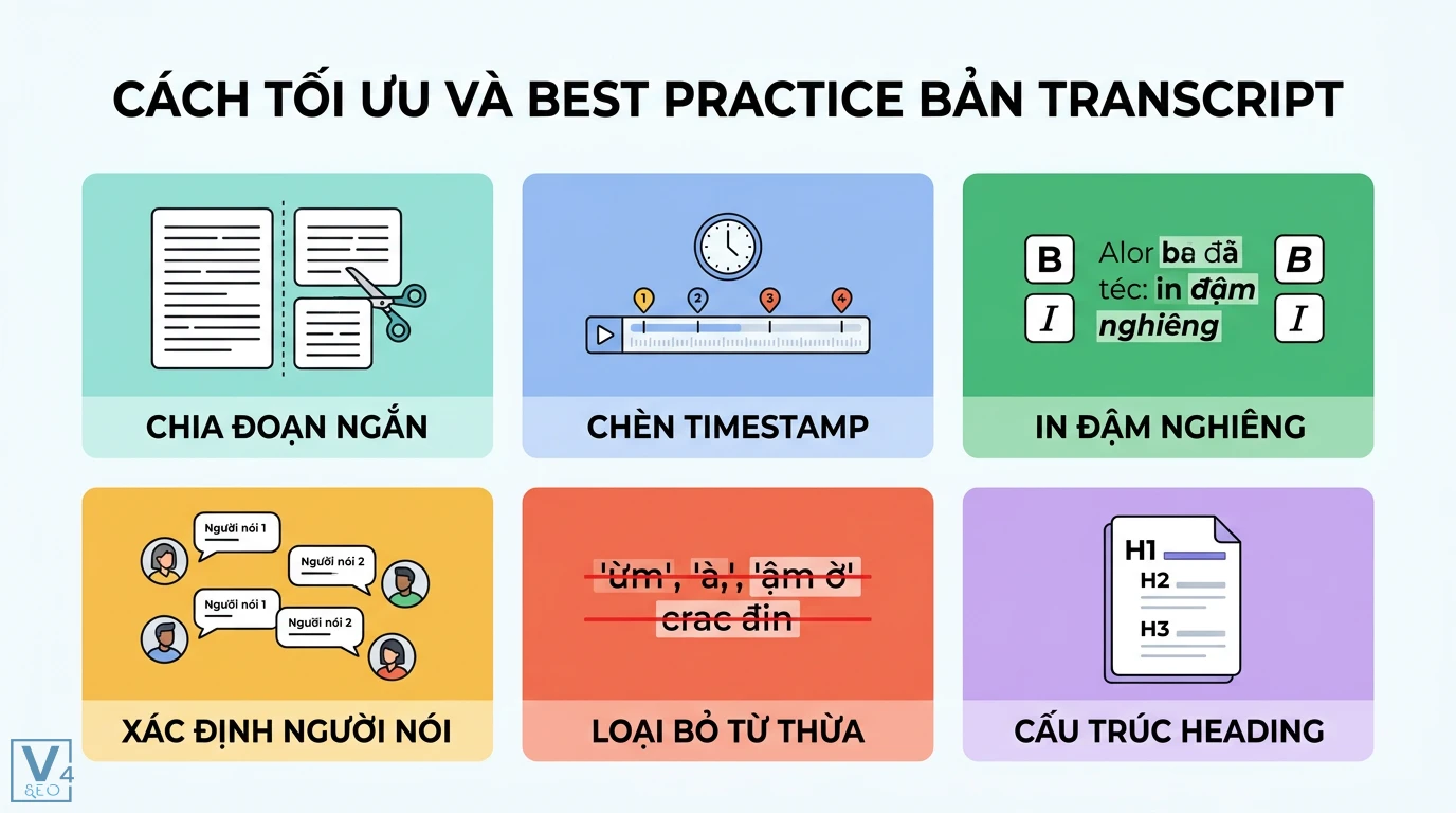Bản transcript là gì? Phân biệt bảng điểm và bản chép lại audio 2 Tối ưu bản transcript chuẩn SEO gồm chia đoạn ngắn, chèn timestamp, in đậm nghiêng, xác định người nói, loại bỏ từ thừa và cấu trúc heading