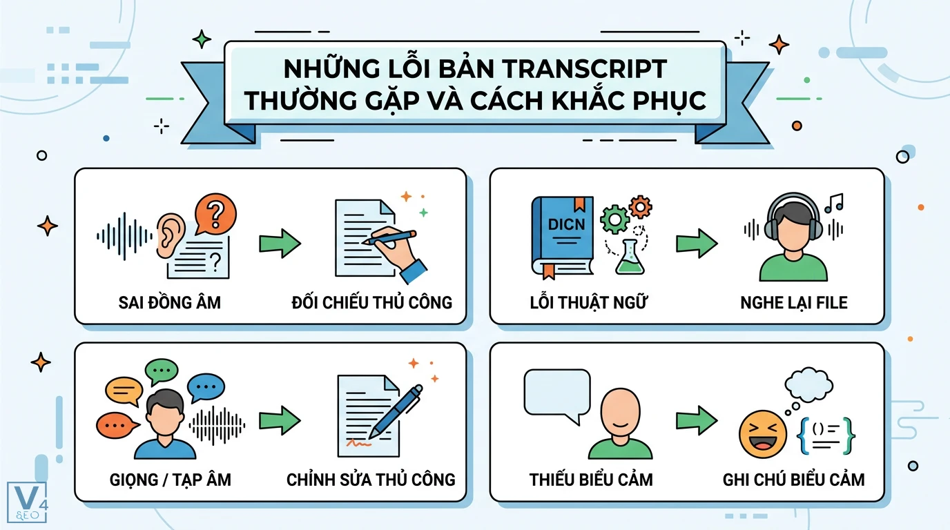 Bản transcript là gì? Phân biệt bảng điểm và bản chép lại audio 3 Lỗi bản transcript như sai đồng âm, thuật ngữ, tạp âm và cách khắc phục bằng đối chiếu thủ công, nghe lại file âm thanh, ghi chú biểu cảm