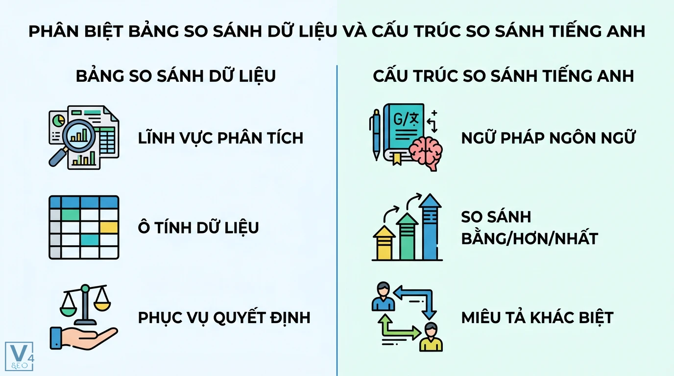Bảng so sánh là gì? Phân biệt với cấu trúc so sánh và mẫu chuẩn 1 Phân biệt bảng so sánh dữ liệu trong phân tích với các cấu trúc ngữ pháp so sánh bằng hơn nhất tiếng Anh dùng để miêu tả sự khác biệt
