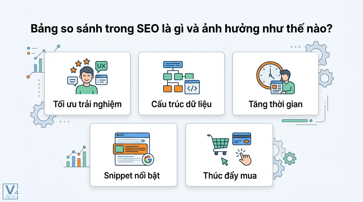 Bảng so sánh là gì? Phân biệt với cấu trúc so sánh và mẫu chuẩn 2 Bảng so sánh trong SEO giúp tối ưu trải nghiệm, cấu trúc dữ liệu, tăng thời gian trên trang, hiển thị Snippet nổi bật và thúc đẩy mua hàng