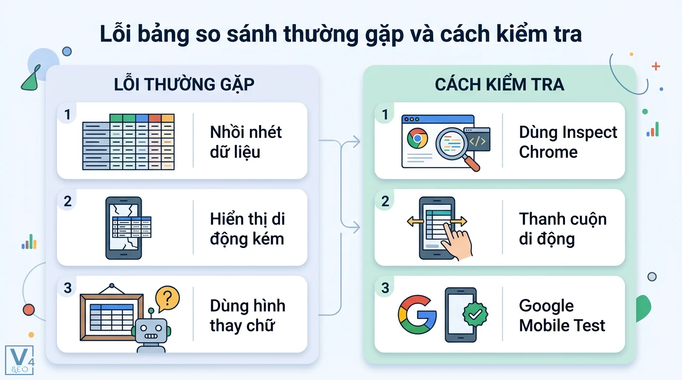 Bảng so sánh là gì? Phân biệt với cấu trúc so sánh và mẫu chuẩn 3 Lỗi bảng so sánh thường gặp như nhồi nhét dữ liệu, hiển thị di động kém và cách kiểm tra bằng Inspect Chrome cùng Google Mobile Test
