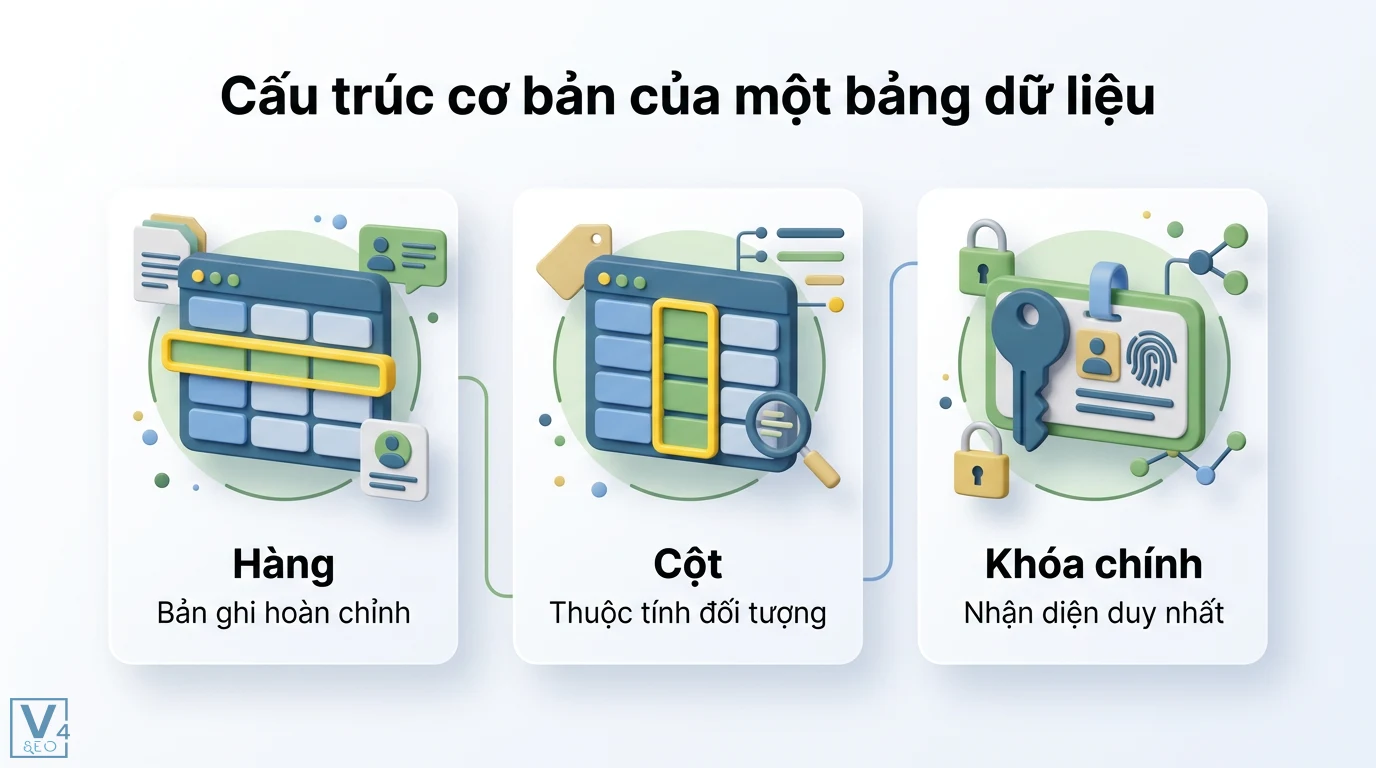 Bảng (table) là gì? Khám phá cấu trúc hàng, cột và cơ sở dữ liệu 1 Cấu trúc cơ bản của một bảng dữ liệu gồm hàng là bản ghi hoàn chỉnh, cột là thuộc tính đối tượng và khóa chính dùng để nhận diện duy nhất