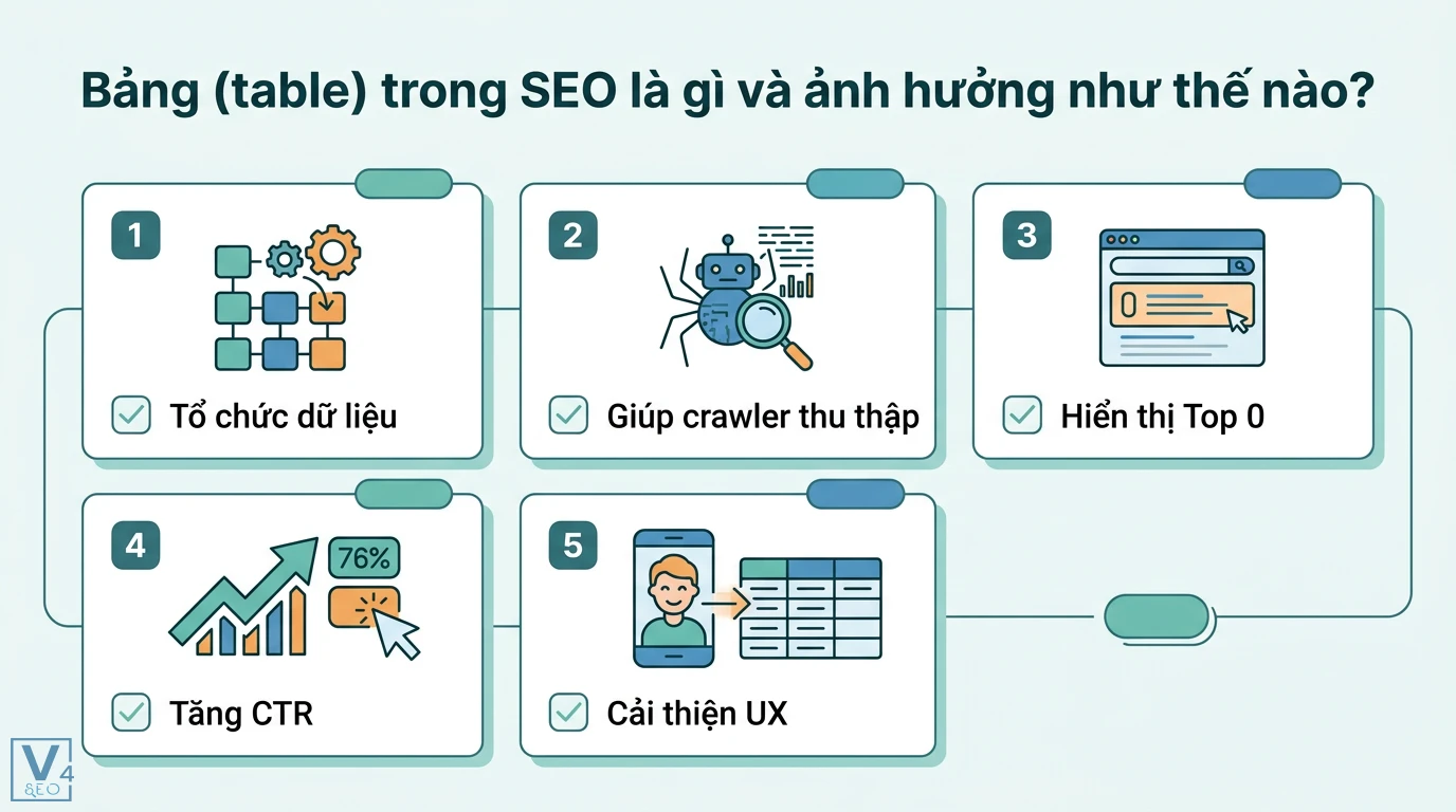 Bảng (table) là gì? Khám phá cấu trúc hàng, cột và cơ sở dữ liệu 2 Bảng trong SEO giúp tổ chức dữ liệu, hỗ trợ crawler thu thập, hiển thị Top 0, tăng tỷ lệ CTR và cải thiện trải nghiệm người dùng UX