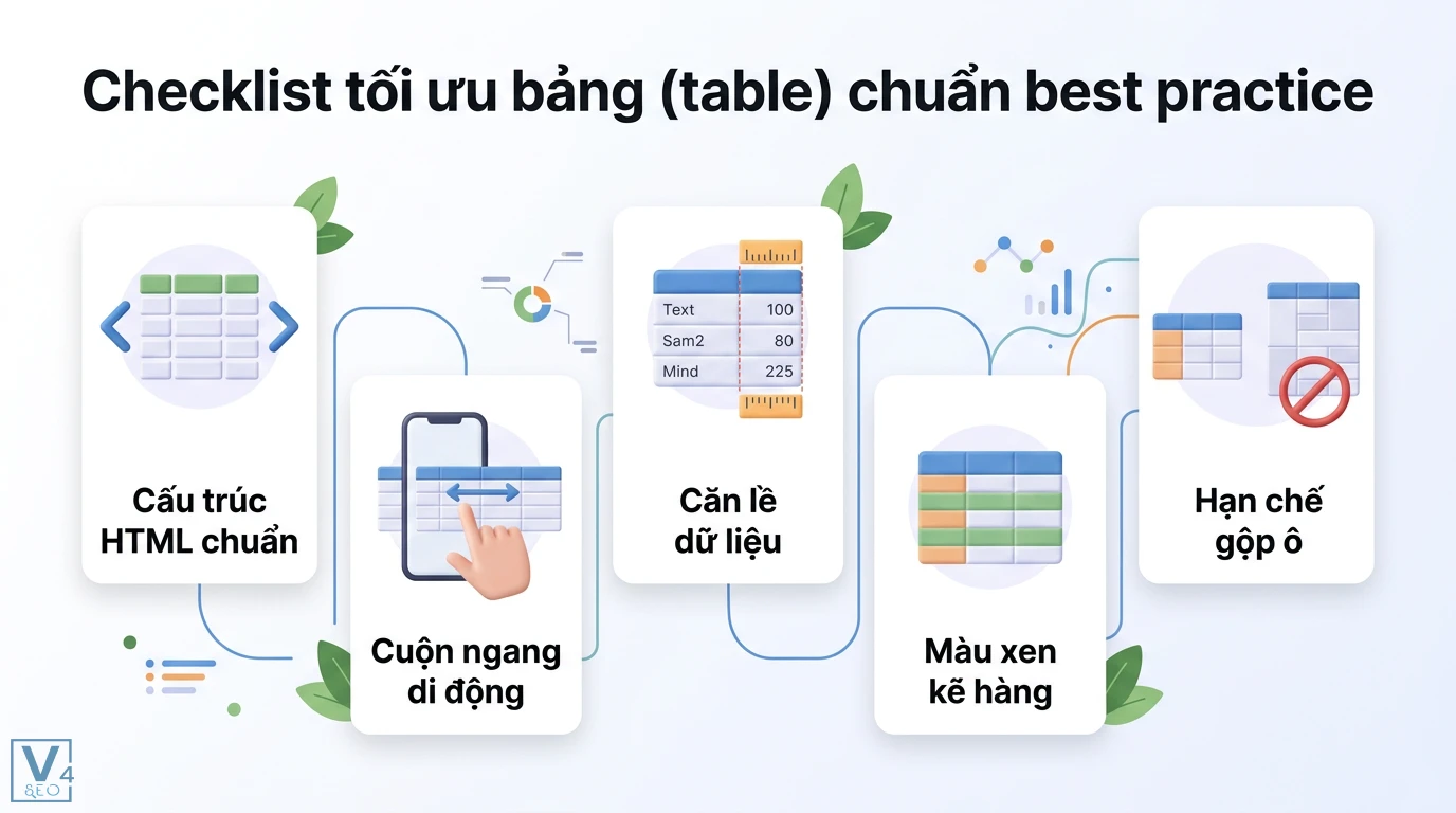 Bảng (table) là gì? Khám phá cấu trúc hàng, cột và cơ sở dữ liệu 3 Checklist tối ưu bảng chuẩn best practice gồm cấu trúc HTML, cuộn ngang di động, căn lề dữ liệu, màu xen kẽ hàng và hạn chế gộp ô