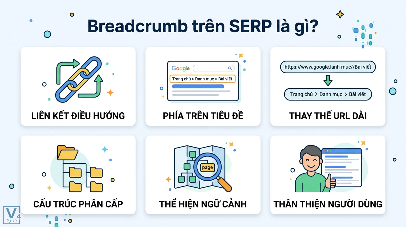 Breadcrumb trên SERP là gì? Cách tối ưu Schema tăng CTR 2026 1 Breadcrumb trên SERP hiển thị liên kết điều hướng phía trên tiêu đề thay thế URL dài bằng cấu trúc phân cấp giúp thể hiện ngữ cảnh trang web