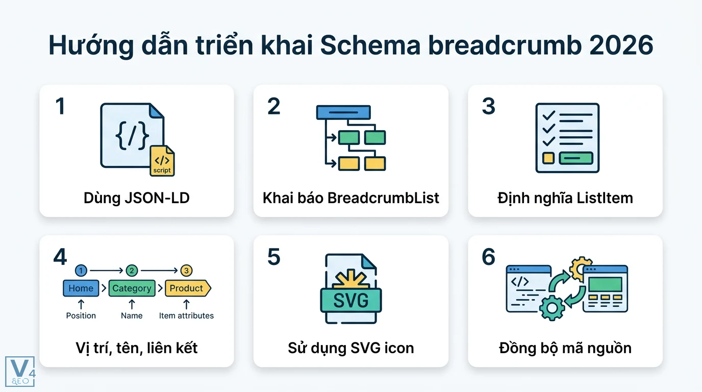 Breadcrumb trên SERP là gì? Cách tối ưu Schema tăng CTR 2026 2 Triển khai Schema breadcrumb 2026 bằng JSON-LD, khai báo BreadcrumbList, ListItem, xác định vị trí, tên, liên kết và dùng SVG icon đồng bộ mã nguồn
