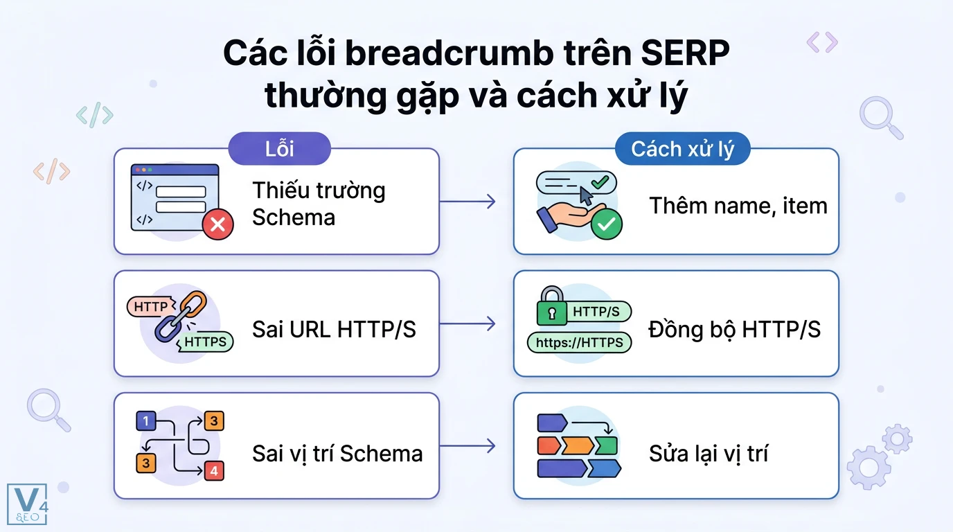 Breadcrumb trên SERP là gì? Cách tối ưu Schema tăng CTR 2026 3 Các lỗi breadcrumb trên SERP như thiếu trường Schema, sai URL HTTP/S, sai vị trí và cách xử lý thêm name, item, đồng bộ URL, sửa lại vị trí