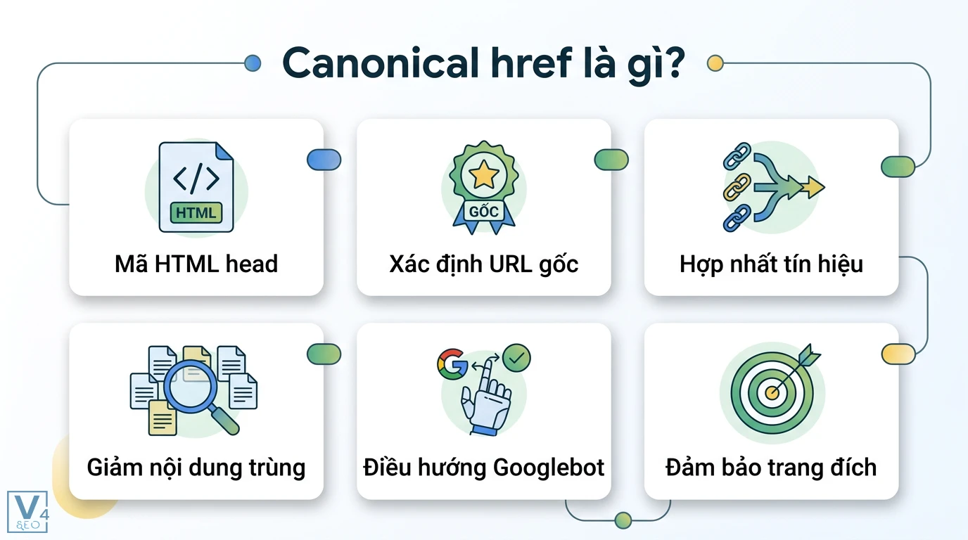 Canonical href là gì? Cẩm nang triển khai và gỡ lỗi SEO kỹ thuật 1 Canonical href là mã HTML giúp xác định URL gốc, hợp nhất tín hiệu SEO, giảm nội dung trùng lặp và điều hướng Googlebot về trang đích chuẩn