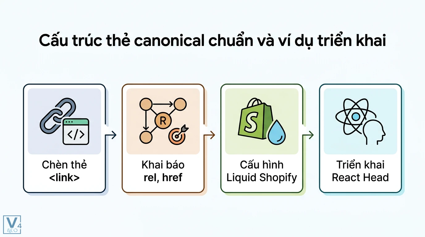 Canonical href là gì? Cẩm nang triển khai và gỡ lỗi SEO kỹ thuật 2 Cấu trúc thẻ canonical chuẩn gồm chèn thẻ link, khai báo rel href, thiết lập Liquid Shopify và triển khai React Head để định danh URL gốc