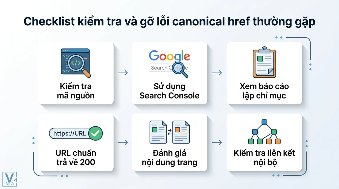 Canonical href là gì? Cẩm nang triển khai và gỡ lỗi SEO kỹ thuật 3 Checklist gỡ lỗi canonical href qua kiểm tra mã nguồn, Google Search Console, báo cáo lập chỉ mục, trạng thái URL 200 và cấu trúc liên kết nội bộ