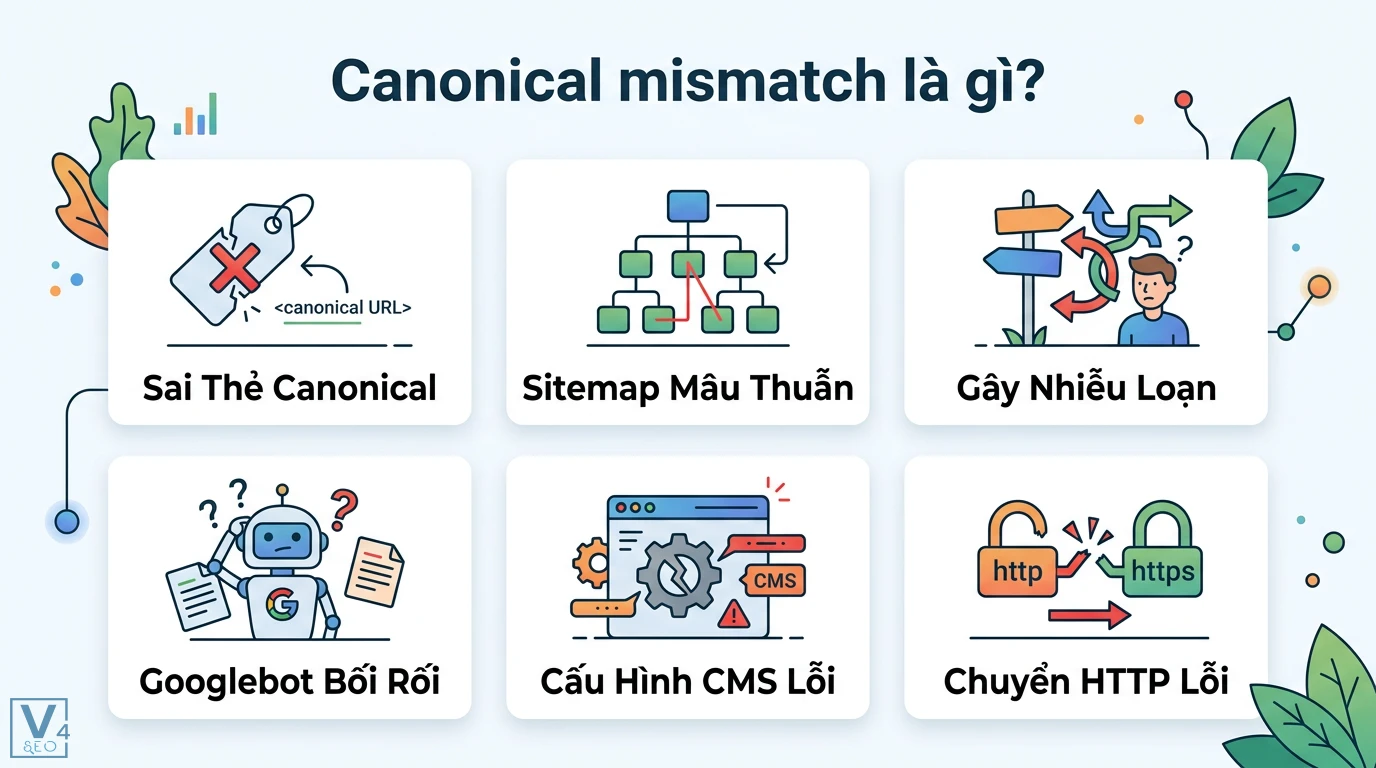 Canonical mismatch là gì? Hướng dẫn sửa lỗi xung đột thẻ SEO 1 Canonical mismatch gây mâu thuẫn sitemap và sai thẻ chuẩn hóa do lỗi cấu hình CMS hoặc chuyển hướng HTTP khiến Googlebot bối rối khi thu thập