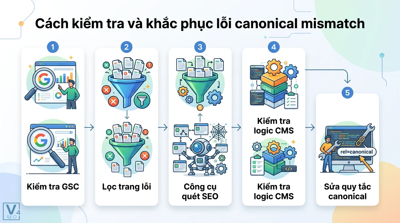 Canonical mismatch là gì? Hướng dẫn sửa lỗi xung đột thẻ SEO 2 Cách khắc phục lỗi canonical mismatch gồm kiểm tra GSC, lọc trang lỗi, quét SEO, rà soát logic CMS và sửa quy tắc thẻ rel=canonical