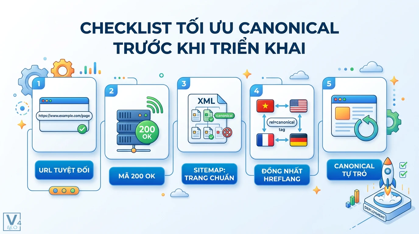 Canonical mismatch là gì? Hướng dẫn sửa lỗi xung đột thẻ SEO 3 Checklist tối ưu canonical gồm URL tuyệt đối, mã 200 OK, sitemap trang chuẩn, đồng nhất hreflang và thẻ canonical tự trỏ khi triển khai