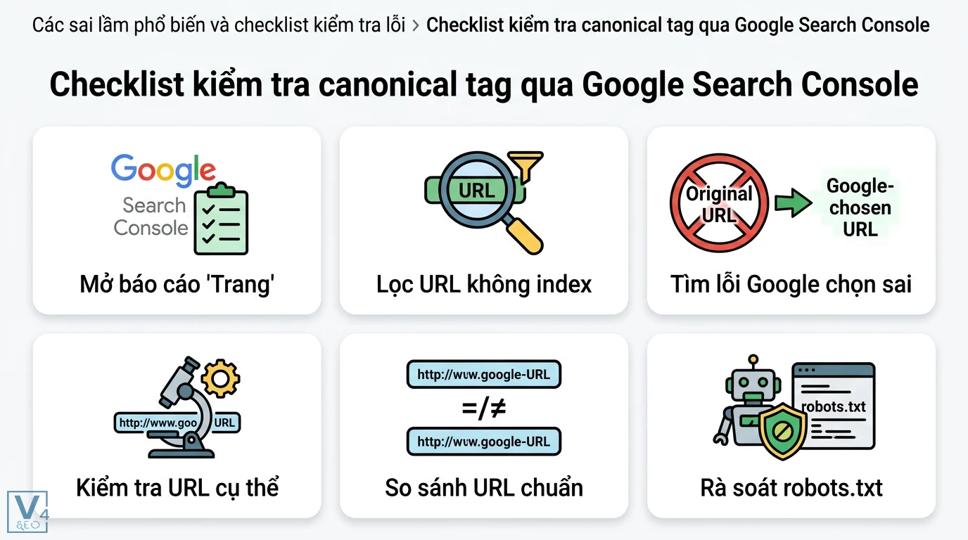 Canonical tag là gì? Triển khai URL chính tắc và checklist sửa lỗi 3 Checklist kiểm tra canonical tag qua Google Search Console gồm lọc URL không index, đối chiếu URL chuẩn và rà soát robots.txt