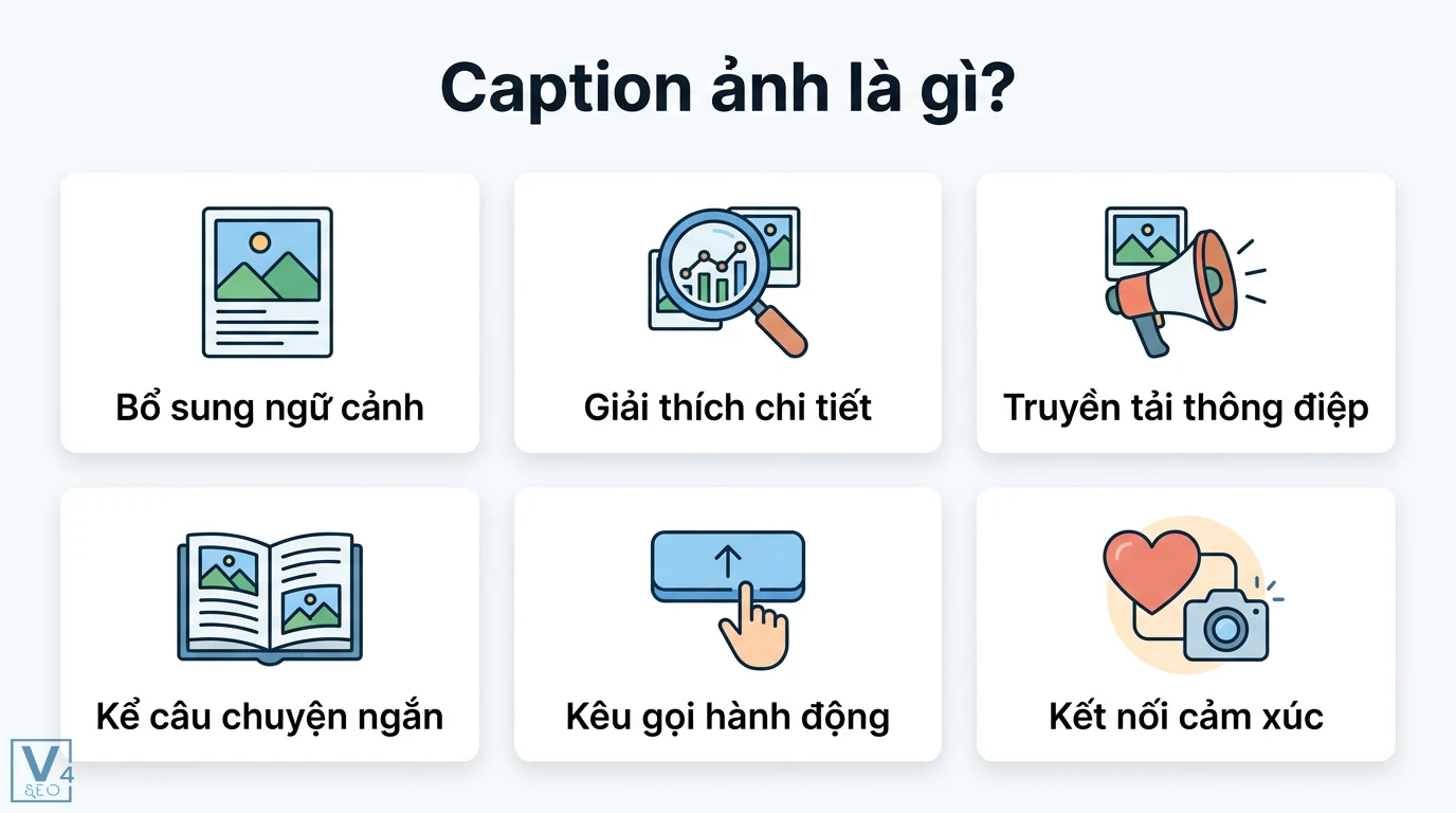 Caption ảnh là gì? Cách viết cap thu hút và 100+ mẫu theo chủ đề 1 Caption ảnh giúp bổ sung ngữ cảnh, giải thích chi tiết, truyền tải thông điệp, kể chuyện, kêu gọi hành động và kết nối cảm xúc thương hiệu