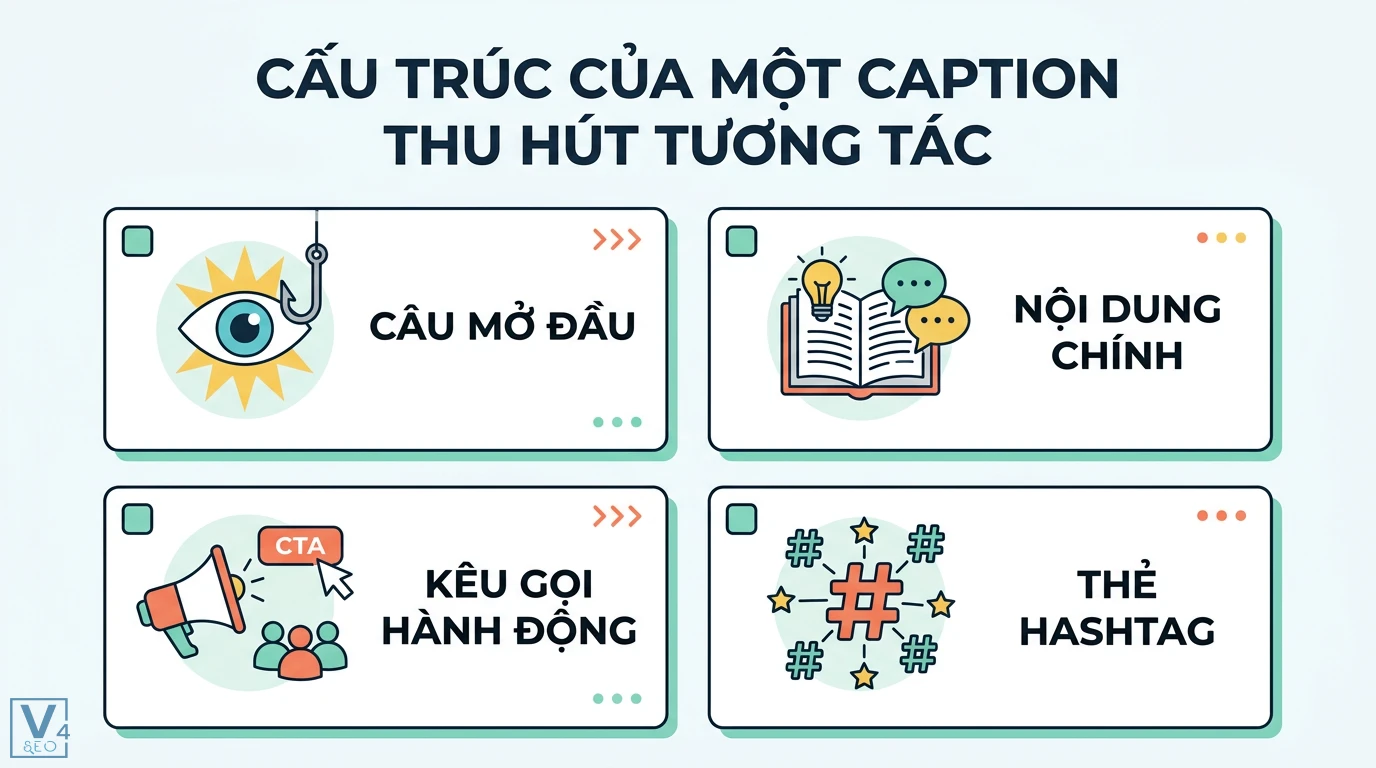 Caption ảnh là gì? Cách viết cap thu hút và 100+ mẫu theo chủ đề 2 Cấu trúc caption thu hút tương tác gồm câu mở đầu, nội dung chính, kêu gọi hành động CTA và thẻ hashtag giúp tăng hiệu quả bài viết