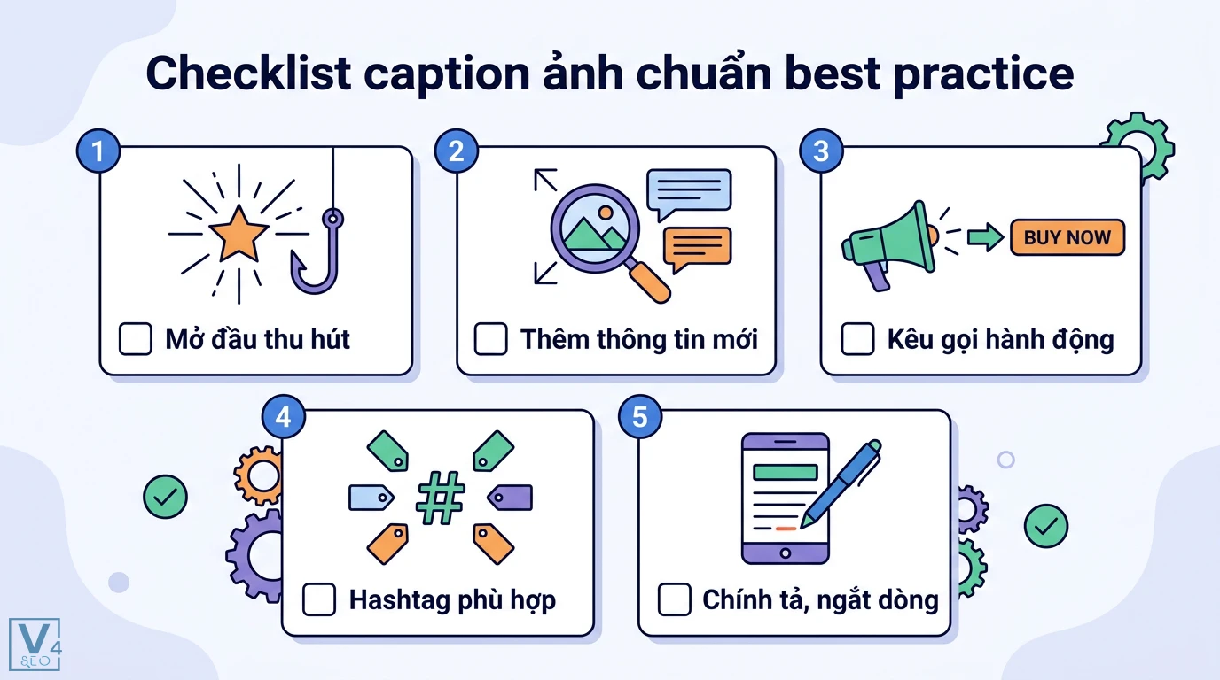 Caption ảnh là gì? Cách viết cap thu hút và 100+ mẫu theo chủ đề 3 Checklist caption chuẩn best practice gồm mở đầu thu hút, thêm thông tin mới, kêu gọi hành động, hashtag phù hợp và chính tả ngắt dòng
