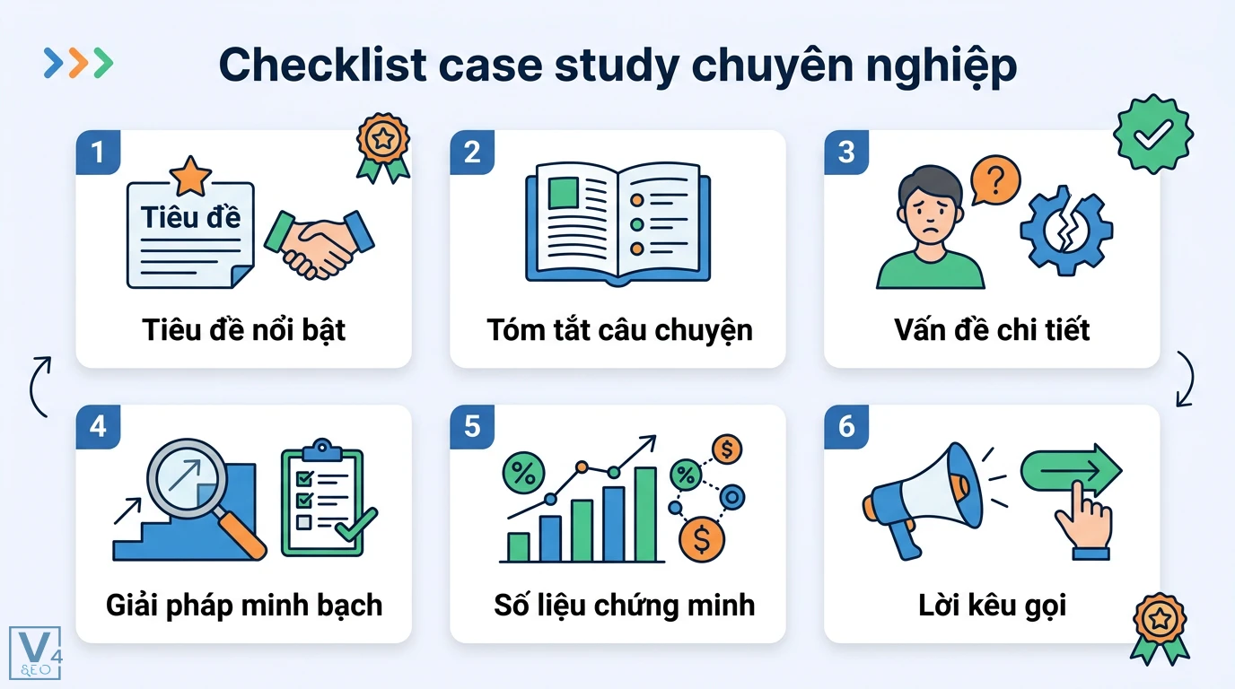 Case study là gì? Cách viết và ví dụ thực tế đa ngành chi tiết 2 Checklist case study chuyên nghiệp gồm tiêu đề, tóm tắt, vấn đề khách hàng, giải pháp minh bạch, số liệu chứng minh và lời kêu gọi hành động
