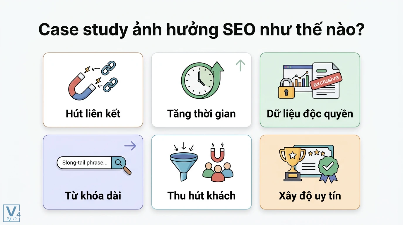 Case study là gì? Cách viết và ví dụ thực tế đa ngành chi tiết 3 Case study ảnh hưởng SEO qua việc hút liên kết, tăng thời gian, dữ liệu độc quyền, từ khóa dài, thu hút khách hàng và xây dựng độ uy tín