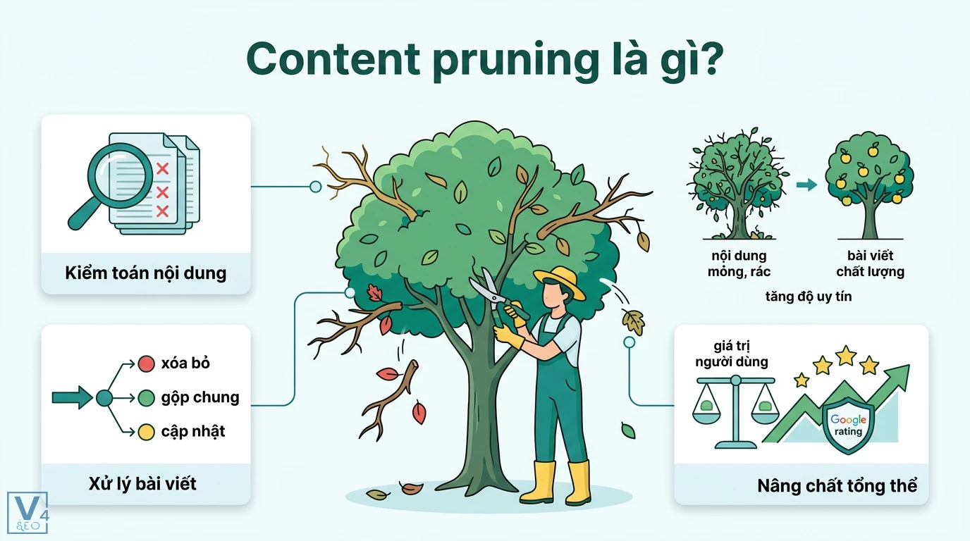 Cắt tỉa nội dung (pruning) là gì? Quy trình tối ưu Crawl Budget 1 Content pruning thực hiện kiểm toán và xử lý nội dung mỏng nhằm nâng cao chất lượng tổng thể và độ uy tín Google cho website