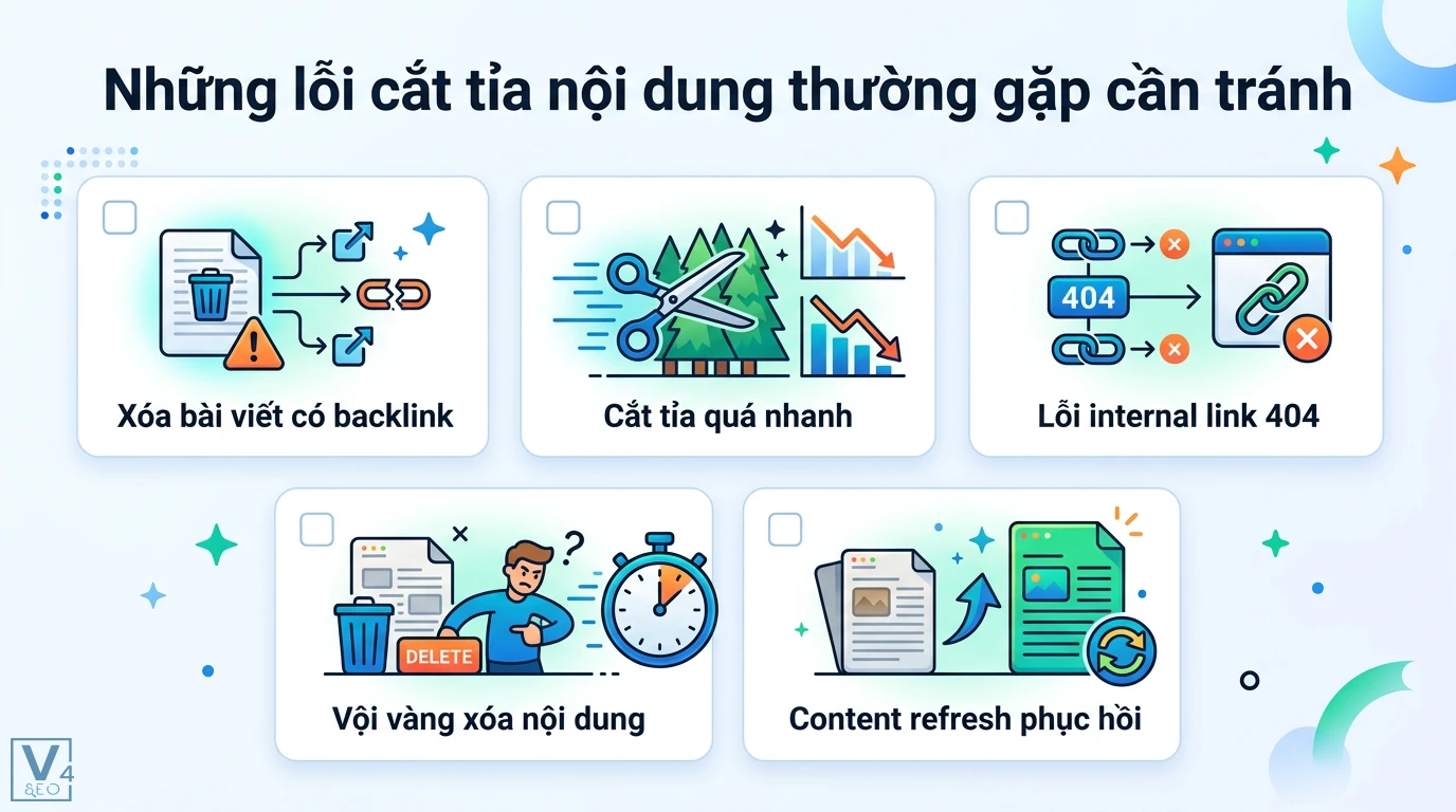 Cắt tỉa nội dung (pruning) là gì? Quy trình tối ưu Crawl Budget 3 Các lỗi cắt tỉa nội dung thường gặp như xóa bài viết có backlink, cắt tỉa quá nhanh gây lỗi 404 và giải pháp content refresh phục hồi traffic
