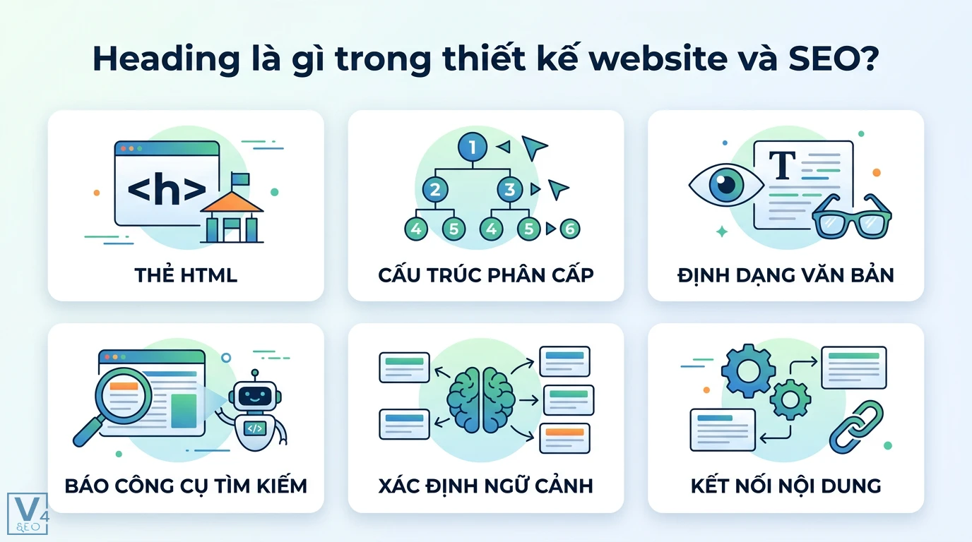 Cấu trúc heading là gì? Cách phân cấp H1-H6 chuẩn SEO và UX 1 Thẻ Heading HTML giúp xây dựng cấu trúc phân cấp, định dạng văn bản và hỗ trợ công cụ tìm kiếm xác định ngữ cảnh, kết nối nội dung website