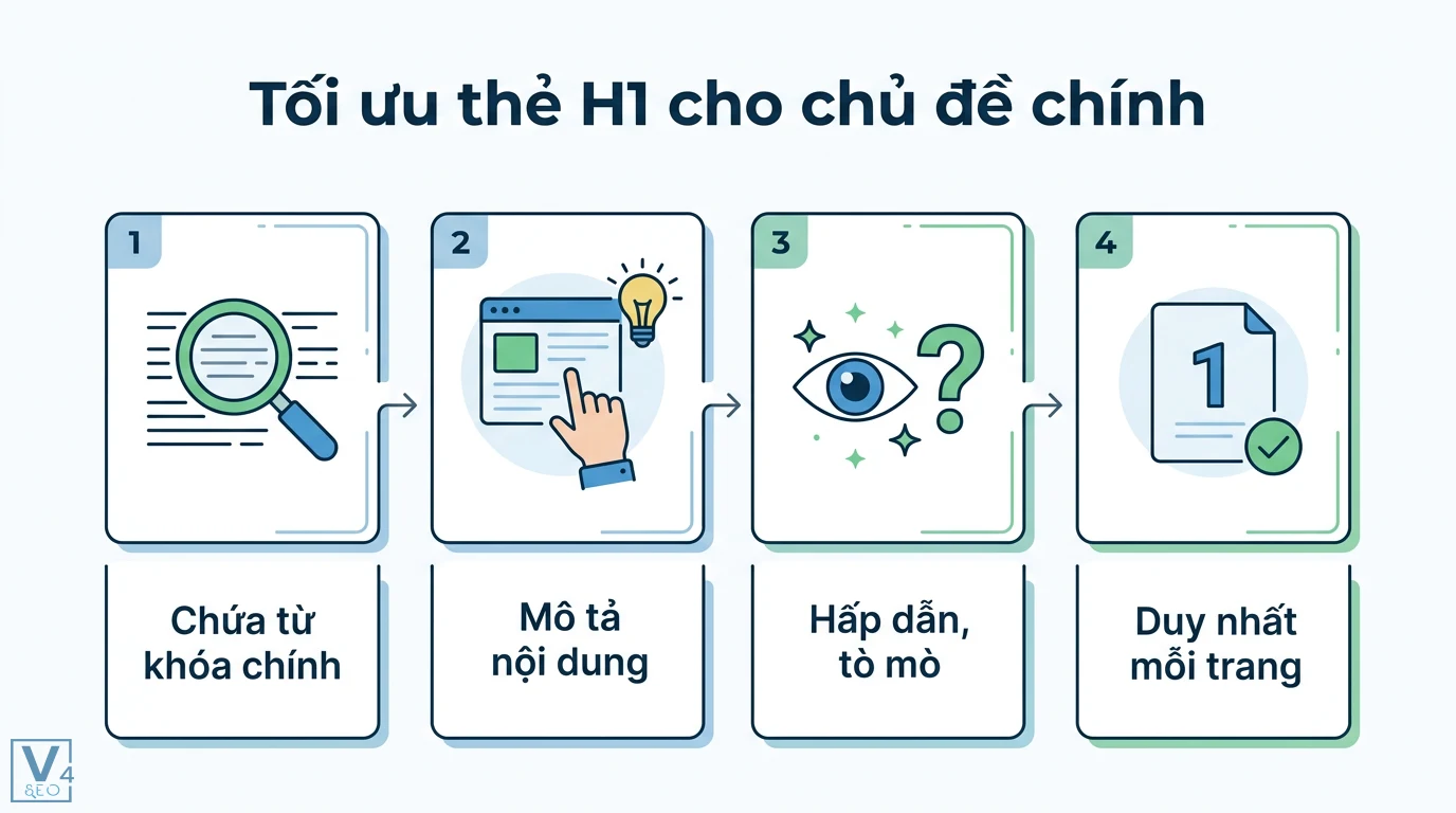 Cấu trúc heading là gì? Cách phân cấp H1-H6 chuẩn SEO và UX 2 Tối ưu thẻ H1 cho chủ đề chính chứa từ khóa quan trọng, mô tả nội dung hấp dẫn, khơi gợi tò mò và đảm bảo tính duy nhất trên mỗi trang web