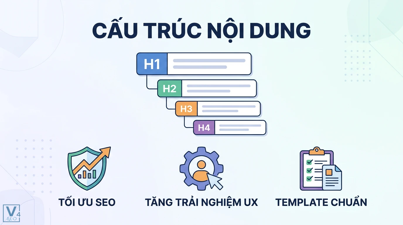 Cấu trúc nội dung là gì? Cách xây dựng bài viết chuẩn SEO và UX 4 Cấu trúc nội dung gồm tổ chức thông tin, tư duy logic và thẻ tiêu đề H1-H6 giúp người đọc dễ hiểu cùng công cụ tìm kiếm thu thập dữ liệu hiệu quả