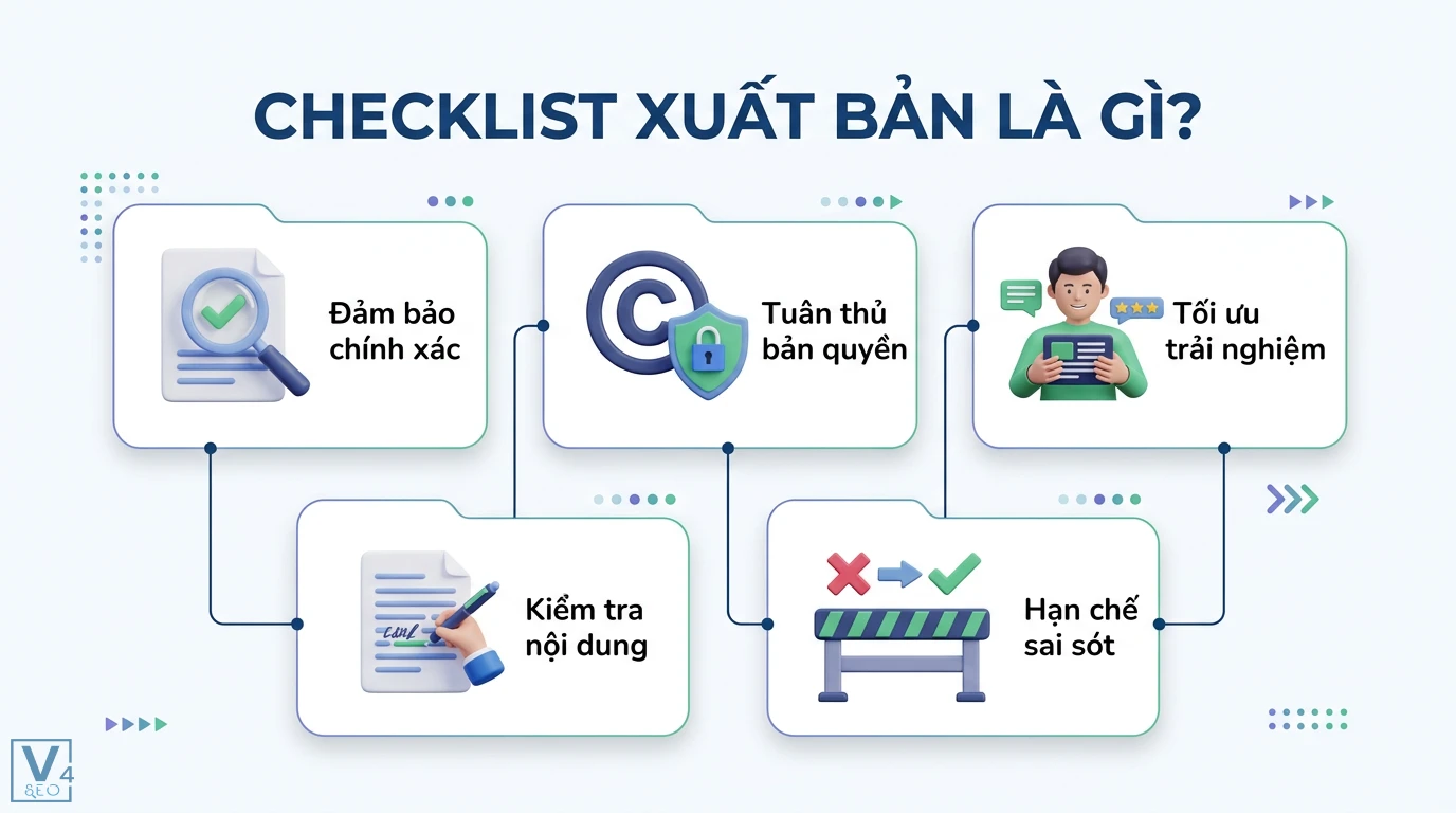 Checklist xuất bản là gì? Quy trình chuẩn từ biên tập đến phân phối 1 Checklist xuất bản giúp đảm bảo chính xác, kiểm tra nội dung, tuân thủ bản quyền, hạn chế sai sót và tối ưu trải nghiệm người dùng hiệu quả