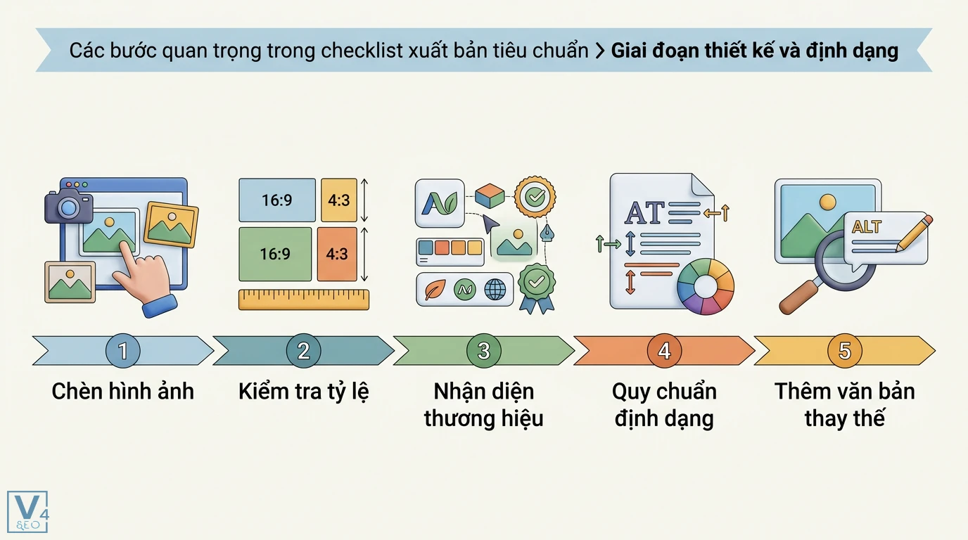 Checklist xuất bản là gì? Quy trình chuẩn từ biên tập đến phân phối 2 Giai đoạn thiết kế và định dạng gồm chèn nội dung, kiểm tra tỷ lệ, nhận diện thương hiệu, quy chuẩn định dạng và văn bản thay thế