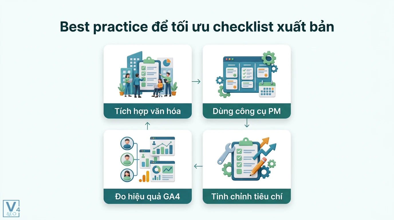 Checklist xuất bản là gì? Quy trình chuẩn từ biên tập đến phân phối 3 Quy trình tối ưu checklist xuất bản gồm tích hợp văn hóa, sử dụng công cụ PM, đo hiệu quả GA4 và tinh chỉnh tiêu chí kiểm duyệt nội dung