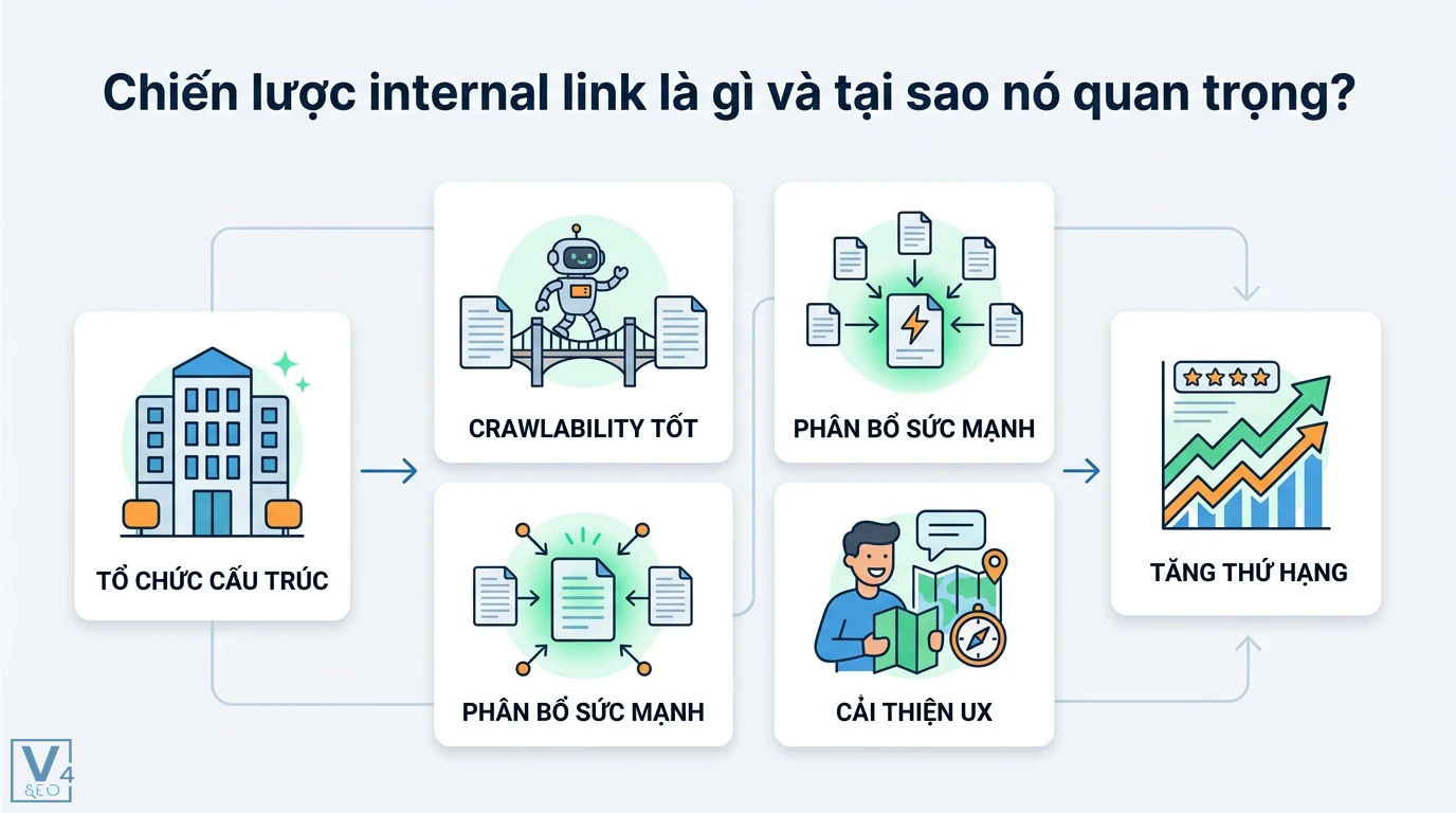 Chiến lược internal link là gì? Tối ưu cấu trúc Silo và PageRank 1 Chiến lược internal link giúp tổ chức cấu trúc, tăng khả năng crawlability, phân bổ sức mạnh và cải thiện UX để thúc đẩy tăng thứ hạng SEO