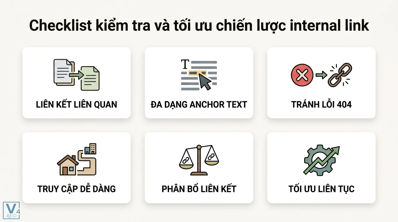 Chiến lược internal link là gì? Tối ưu cấu trúc Silo và PageRank 3 Checklist tối ưu chiến lược internal link gồm đa dạng anchor text, tránh lỗi 404, liên kết liên quan, truy cập dễ dàng và tối ưu liên tục