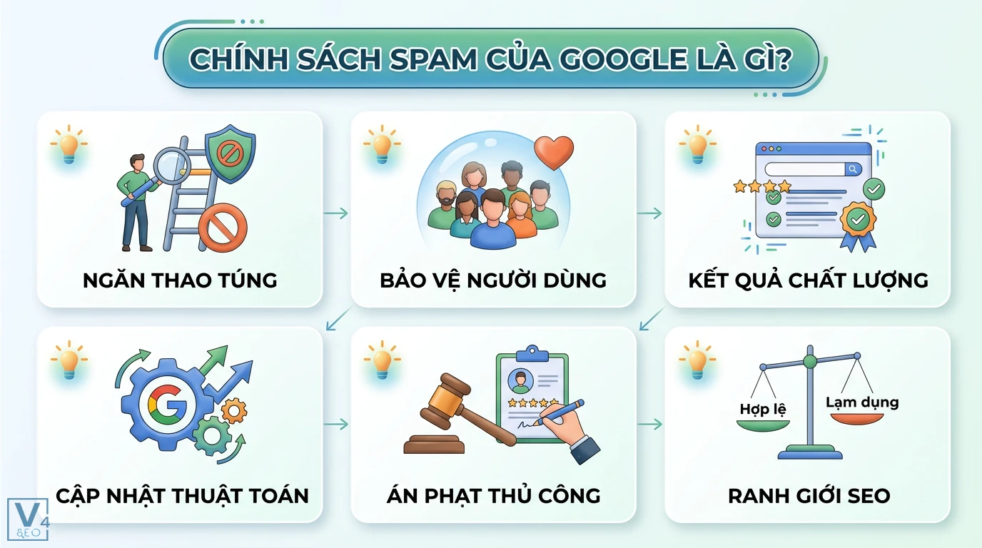 Chính sách spam Google là gì? Cẩm nang tránh vi phạm cho website 1 Chính sách spam của Google nhằm ngăn thao túng, bảo vệ người dùng, cập nhật thuật toán và án phạt thủ công để phân định ranh giới SEO hợp lệ