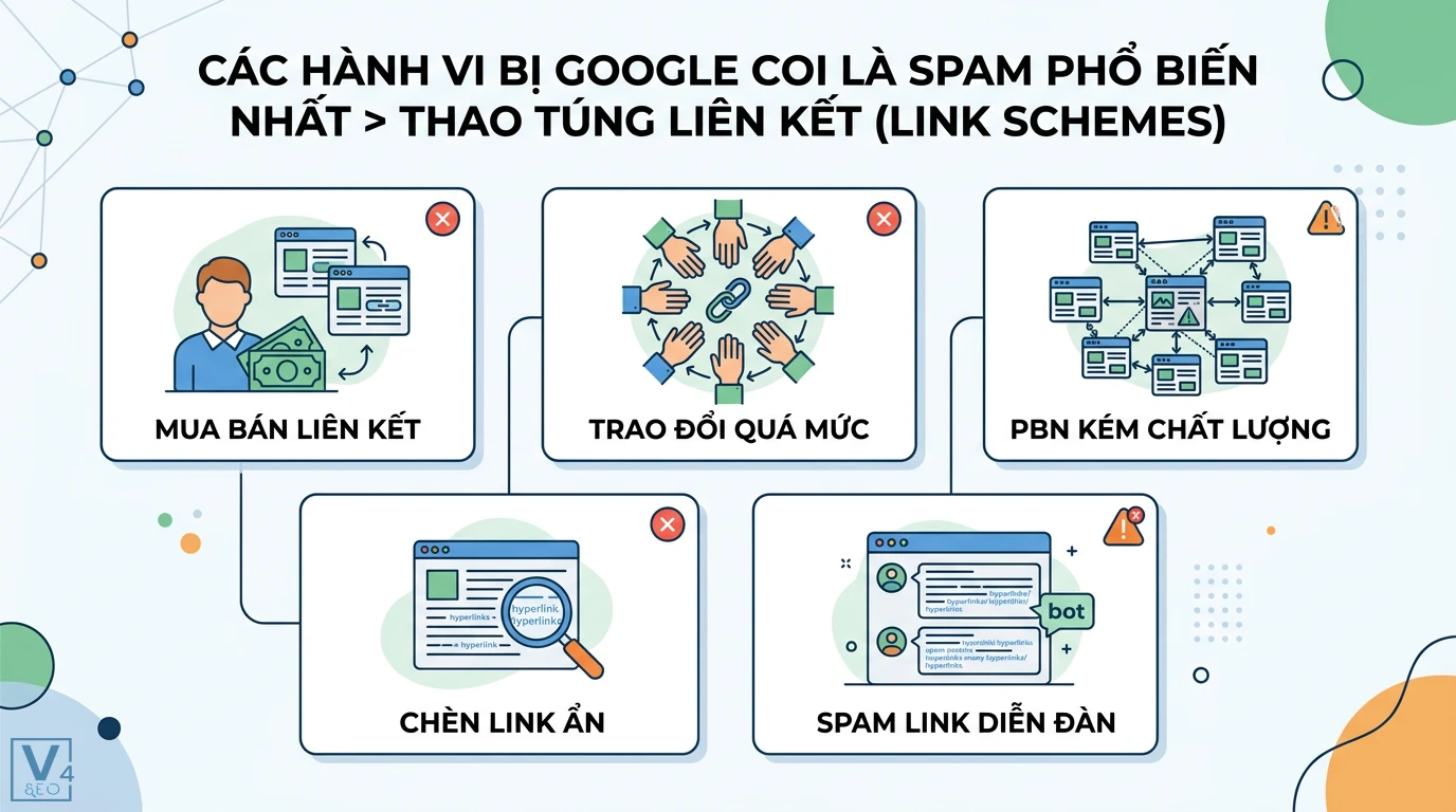 Chính sách spam Google là gì? Cẩm nang tránh vi phạm cho website 2 Thao túng liên kết bị Google coi là spam gồm mua bán link, trao đổi quá mức, PBN kém chất lượng, chèn link ẩn và spam link diễn đàn