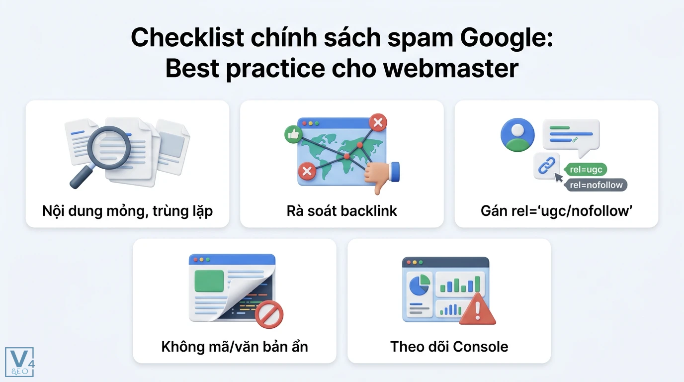 Chính sách spam Google là gì? Cẩm nang tránh vi phạm cho website 3 Checklist chính sách spam Google gồm rà soát backlink, xử lý nội dung mỏng, gắn thẻ rel=ugc, loại bỏ mã ẩn và theo dõi Search Console