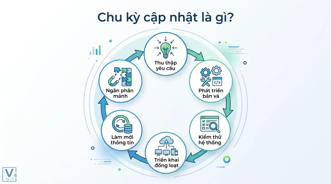 Chu kỳ cập nhật là gì? Tầm quan trọng trong phần mềm và dữ liệu 3 Chu kỳ cập nhật gồm thu thập yêu cầu, phát triển bản vá, kiểm thử hệ thống, triển khai đồng loạt, làm mới thông tin và ngăn phân mảnh dữ liệu