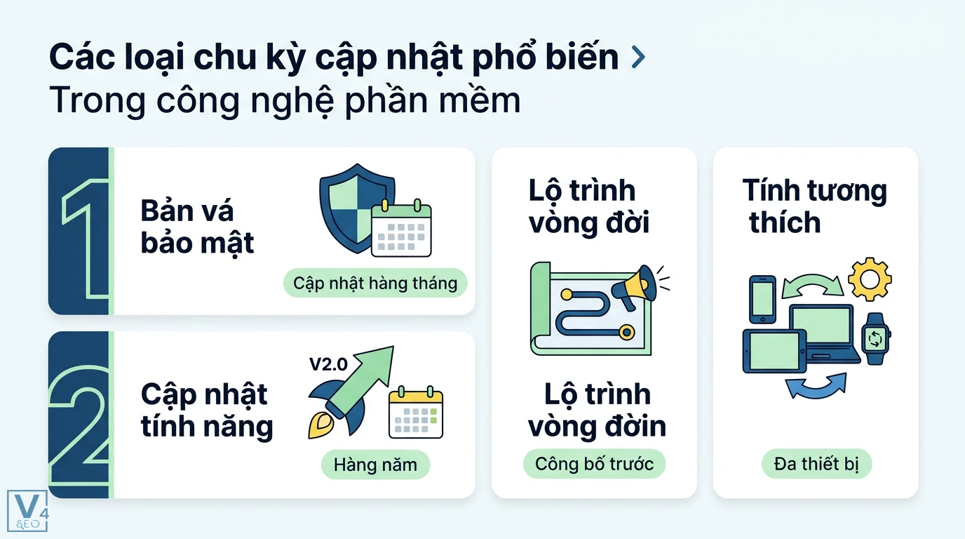 Chu kỳ cập nhật là gì? Tầm quan trọng trong phần mềm và dữ liệu 1 Chu kỳ cập nhật phần mềm gồm bản vá bảo mật hàng tháng, nâng cấp tính năng hàng năm, lộ trình vòng đời và tính tương thích đa thiết bị