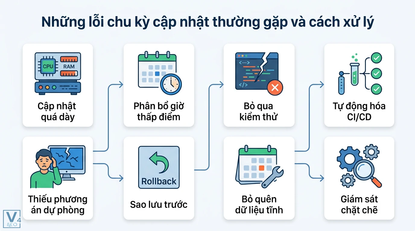 Chu kỳ cập nhật là gì? Tầm quan trọng trong phần mềm và dữ liệu 2 Lỗi chu kỳ cập nhật hệ thống do tần suất dày, thiếu kiểm thử và cách khắc phục bằng tự động hóa CI/CD, sao lưu rollback, giám sát chặt chẽ