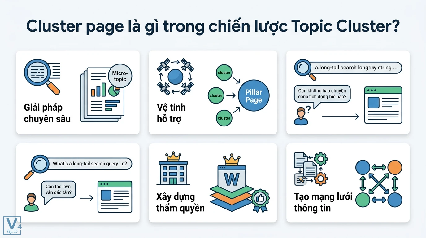 Cluster page là gì? Cách triển khai Topic Cluster kèm Case Study 1 Cluster page là bài viết vệ tinh giải quyết micro-topic và truy vấn ngách giúp xây dựng thẩm quyền và mạng lưới thông tin Topic Cluster