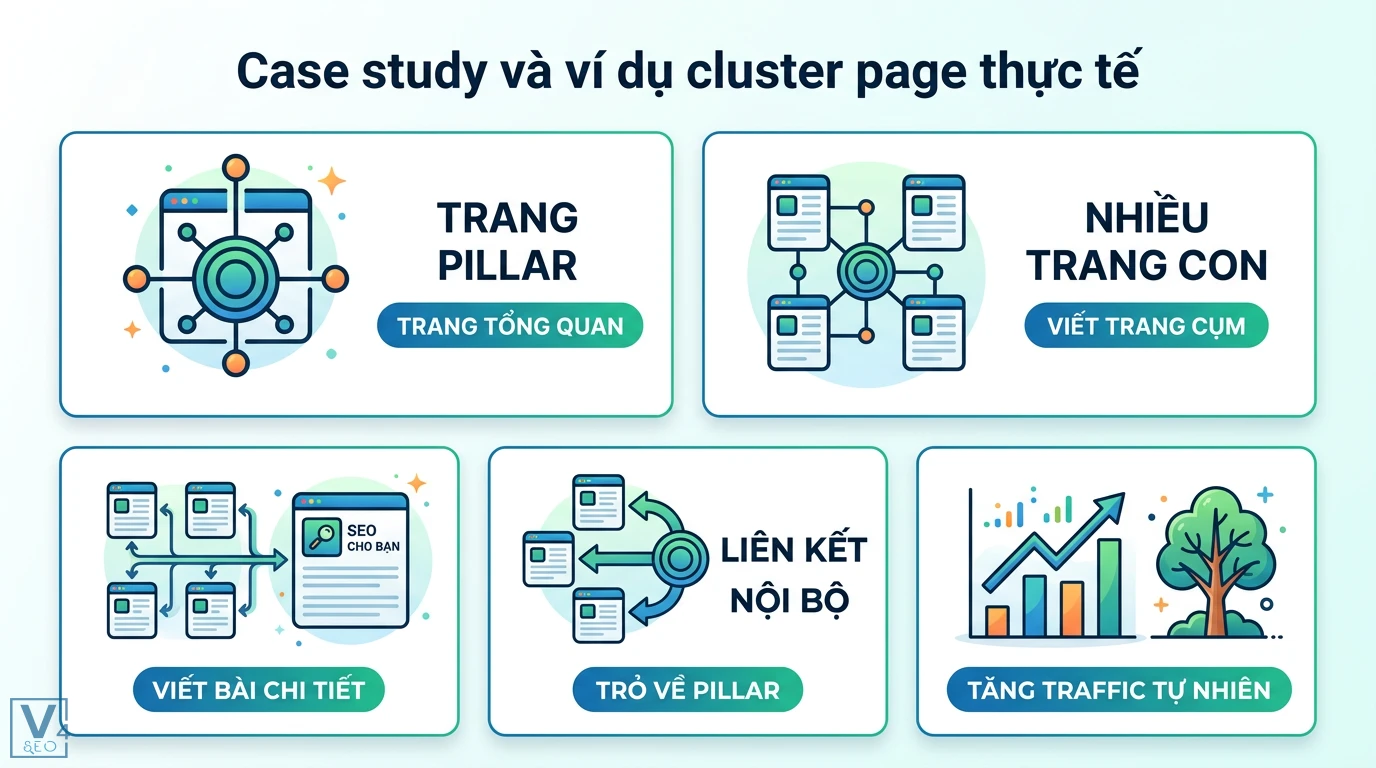 Cluster page là gì? Cách triển khai Topic Cluster kèm Case Study 2 Cách xây dựng trang pillar và cluster page thực tế thông qua liên kết nội bộ từ các bài viết chi tiết để tăng trưởng traffic tự nhiên