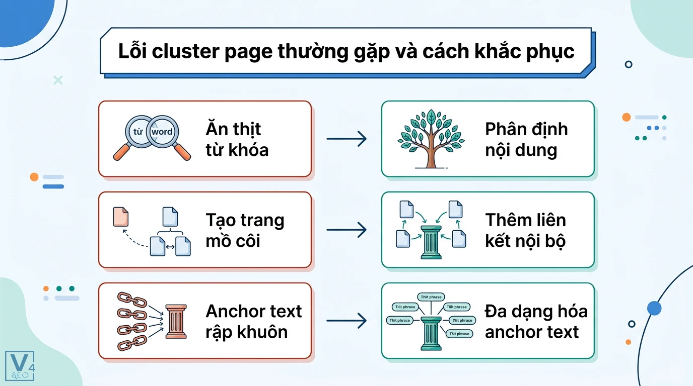 Cluster page là gì? Cách triển khai Topic Cluster kèm Case Study 3 Lỗi cluster page ăn thịt từ khóa, trang mồ côi, anchor text rập khuôn và cách khắc phục bằng phân định nội dung, thêm liên kết nội bộ