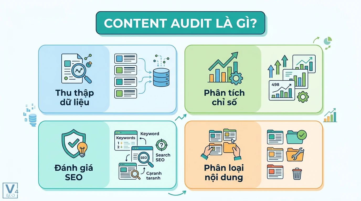 Content audit là gì? Hướng dẫn quy trình 5 bước kèm template Excel 1 Content audit gồm thu thập dữ liệu, phân tích chỉ số, đánh giá SEO và phân loại nội dung để giữ lại, nâng cấp hoặc loại bỏ hoàn toàn